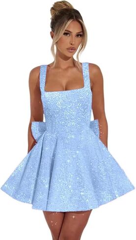 Sparkly Sequin Homecoming Dresses Short for Teens 2025 Square Neck A Line Cocktail Party Dresses with Bow in Saudi Arabia
