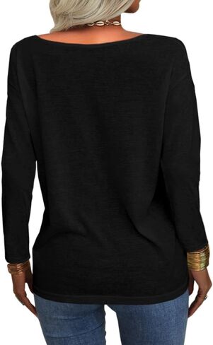 Danedvi Women Fashion Deep V-Neck Long Sleeve Tops Solid Casual Loose Basic T Shirt in Kuwait