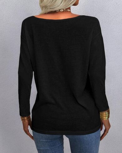 Danedvi Women Fashion Deep V-Neck Long Sleeve Tops Solid Casual Loose Basic T Shirt in Kuwait