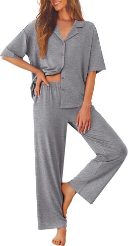 Ekouaer Women Pajamas Set Button Down Sleepwear Short Sleeve Pjs Soft Comfy Nightwear with Long Pants S-XXL in Kuwait