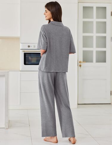Ekouaer Women Pajamas Set Button Down Sleepwear Short Sleeve Pjs Soft Comfy Nightwear with Long Pants S-XXL in Kuwait