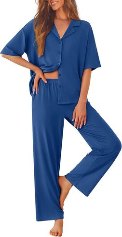 Ekouaer Women Pajamas Set Button Down Sleepwear Short Sleeve Pjs Soft Comfy Nightwear with Long Pants S-XXL in Kuwait