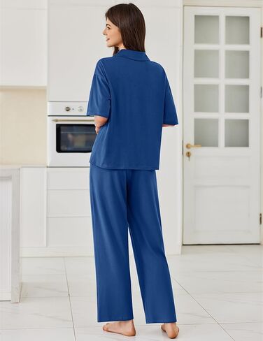 Ekouaer Women Pajamas Set Button Down Sleepwear Short Sleeve Pjs Soft Comfy Nightwear with Long Pants S-XXL in Kuwait