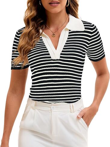Cioatin Women Short Sleeve Striped Knit Polo Crop Shirt Tops Vintage Collar V Neck Slim Fit T-Shirt Aesthetic Going Out in Saudi Arabia
