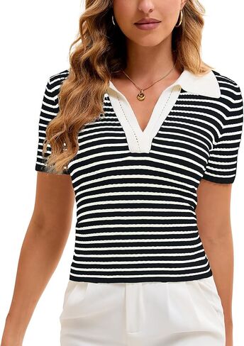 Cioatin Women Short Sleeve Striped Knit Polo Crop Shirt Tops Vintage Collar V Neck Slim Fit T-Shirt Aesthetic Going Out in Saudi Arabia