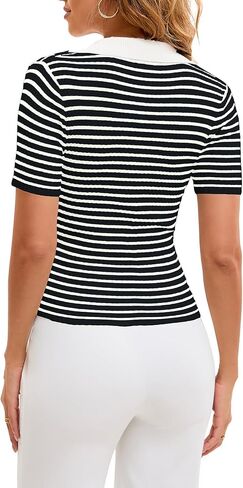 Cioatin Women Short Sleeve Striped Knit Polo Crop Shirt Tops Vintage Collar V Neck Slim Fit T-Shirt Aesthetic Going Out in Saudi Arabia