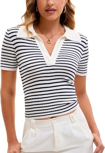 Cioatin Women Short Sleeve Striped Knit Polo Crop Shirt Tops Vintage Collar V Neck Slim Fit T-Shirt Aesthetic Going Out in Saudi Arabia