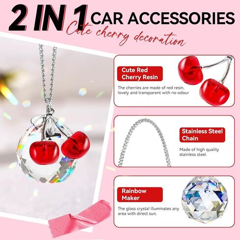 سحر سيارة كرز لطيف إكسسوارات المرآة الخلفية مع المنشورات الكريستالية Suncatcher ، وملحقات سيارة الكرز ، وديكور الكرز لمرآة الرؤية الخلفية (الكرز) in Kuwait