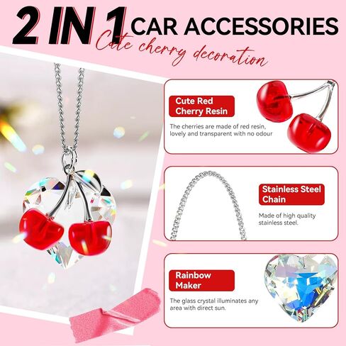 سحر سيارة كرز لطيف إكسسوارات المرآة الخلفية مع المنشورات الكريستالية Suncatcher ، وملحقات سيارة الكرز ، وديكور الكرز لمرآة الرؤية الخلفية (الكرز) in Kuwait