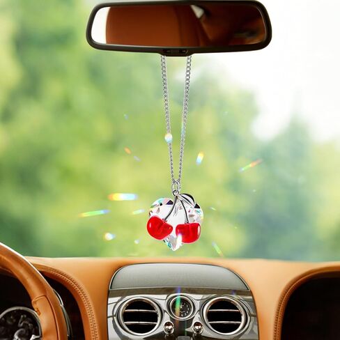 سحر سيارة كرز لطيف إكسسوارات المرآة الخلفية مع المنشورات الكريستالية Suncatcher ، وملحقات سيارة الكرز ، وديكور الكرز لمرآة الرؤية الخلفية (الكرز) in Kuwait