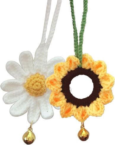 2Pcs Sunflower Flower Car Mirror Hanging Accessories,Cute Daisy Car Accessories for Women,Crochet Sunflower Car Rearview Mirror Hanging Ornament with Bell,Hand Knitted Car Pendant,Car Interior Decor in Saudi Arabia