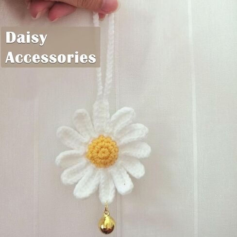 2Pcs Sunflower Flower Car Mirror Hanging Accessories,Cute Daisy Car Accessories for Women,Crochet Sunflower Car Rearview Mirror Hanging Ornament with Bell,Hand Knitted Car Pendant,Car Interior Decor in Saudi Arabia