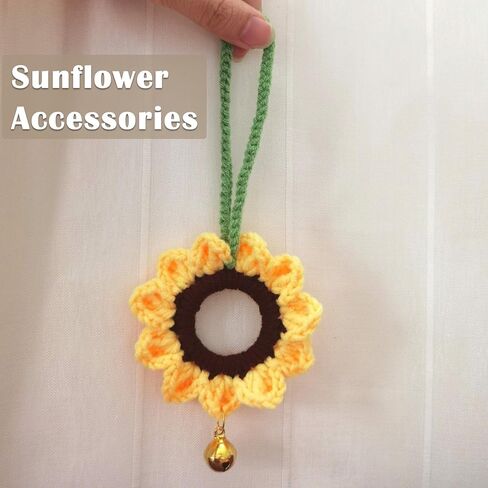 2Pcs Sunflower Flower Car Mirror Hanging Accessories,Cute Daisy Car Accessories for Women,Crochet Sunflower Car Rearview Mirror Hanging Ornament with Bell,Hand Knitted Car Pendant,Car Interior Decor in Saudi Arabia