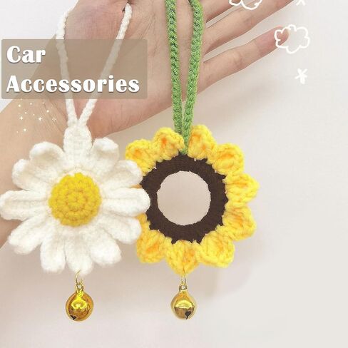 2Pcs Sunflower Flower Car Mirror Hanging Accessories,Cute Daisy Car Accessories for Women,Crochet Sunflower Car Rearview Mirror Hanging Ornament with Bell,Hand Knitted Car Pendant,Car Interior Decor in Saudi Arabia