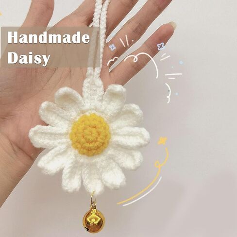 2Pcs Sunflower Flower Car Mirror Hanging Accessories,Cute Daisy Car Accessories for Women,Crochet Sunflower Car Rearview Mirror Hanging Ornament with Bell,Hand Knitted Car Pendant,Car Interior Decor in Saudi Arabia
