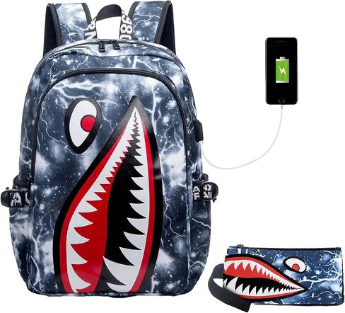 Kids Backpack Shark Bookbags Boys Schoolbag Laptop Backpack With USB Lightweight Water Resistant White lightning in Saudi Arabia