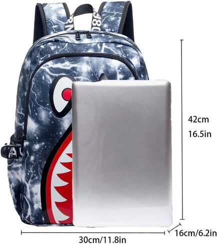 Kids Backpack Shark Bookbags Boys Schoolbag Laptop Backpack With USB Lightweight Water Resistant White lightning in Saudi Arabia