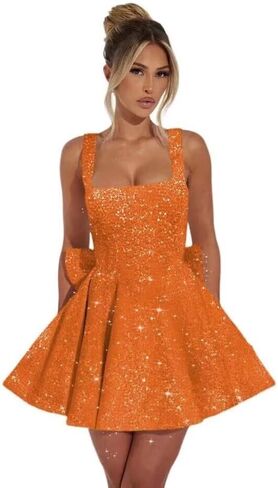 Sparkly Sequin Homecoming Dresses Short for Teens 2025 Square Neck A Line Cocktail Party Dresses with Bow in Saudi Arabia