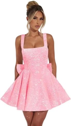 Sparkly Sequin Homecoming Dresses Short for Teens 2025 Square Neck A Line Cocktail Party Dresses with Bow in Saudi Arabia
