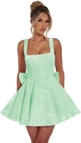 Sparkly Sequin Homecoming Dresses Short for Teens 2025 Square Neck A Line Cocktail Party Dresses with Bow in Saudi Arabia