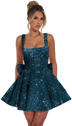 Sparkly Sequin Homecoming Dresses Short for Teens 2025 Square Neck A Line Cocktail Party Dresses with Bow in Saudi Arabia