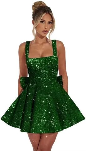 Sparkly Sequin Homecoming Dresses Short for Teens 2025 Square Neck A Line Cocktail Party Dresses with Bow in Saudi Arabia
