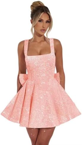 Sparkly Sequin Homecoming Dresses Short for Teens 2025 Square Neck A Line Cocktail Party Dresses with Bow in Saudi Arabia