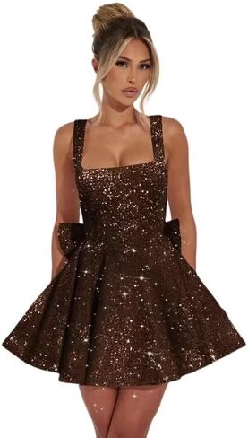 Sparkly Sequin Homecoming Dresses Short for Teens 2025 Square Neck A Line Cocktail Party Dresses with Bow in Saudi Arabia