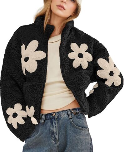 Maixang إمرأة الأزهار طباعة شيربا سترات صوفية الشتاء سستة اقتصاص معطف عادية كم طويل أبلى مع جيوب in Kuwait