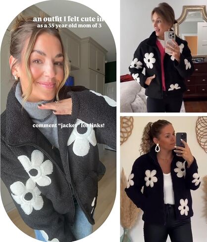 Maixang إمرأة الأزهار طباعة شيربا سترات صوفية الشتاء سستة اقتصاص معطف عادية كم طويل أبلى مع جيوب in Kuwait