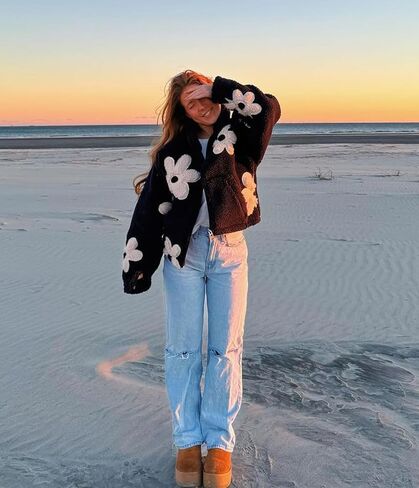 Maixang إمرأة الأزهار طباعة شيربا سترات صوفية الشتاء سستة اقتصاص معطف عادية كم طويل أبلى مع جيوب in Kuwait