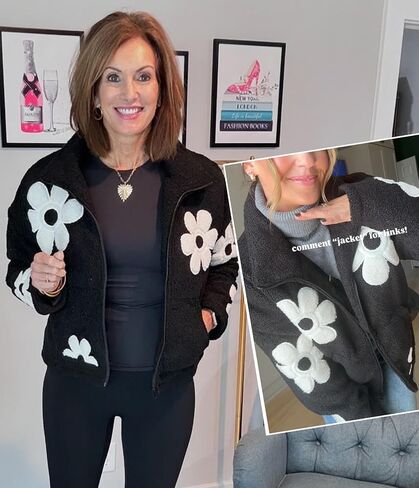 Maixang إمرأة الأزهار طباعة شيربا سترات صوفية الشتاء سستة اقتصاص معطف عادية كم طويل أبلى مع جيوب in Kuwait