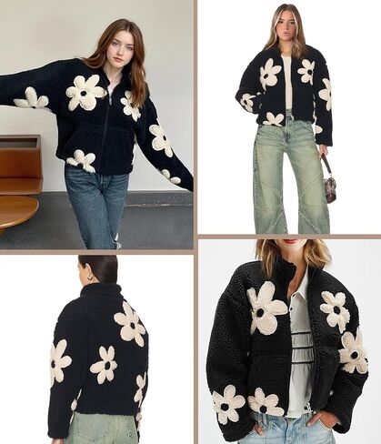 Maixang إمرأة الأزهار طباعة شيربا سترات صوفية الشتاء سستة اقتصاص معطف عادية كم طويل أبلى مع جيوب in Kuwait