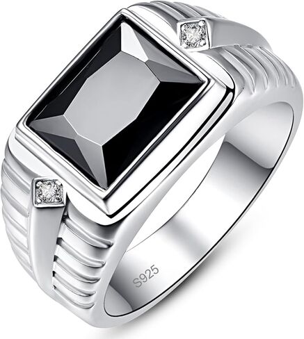 5.3ct Black Onyx Ring for Men - 8X10mm Rectangle Cut Obsidian With Paved White Cubic Zirconia - 925 Sterling Silver Wedding Engagement Band, 11mm Size 10 in Kuwait