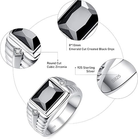 5.3ct Black Onyx Ring for Men - 8X10mm Rectangle Cut Obsidian With Paved White Cubic Zirconia - 925 Sterling Silver Wedding Engagement Band, 11mm Size 10 in Kuwait