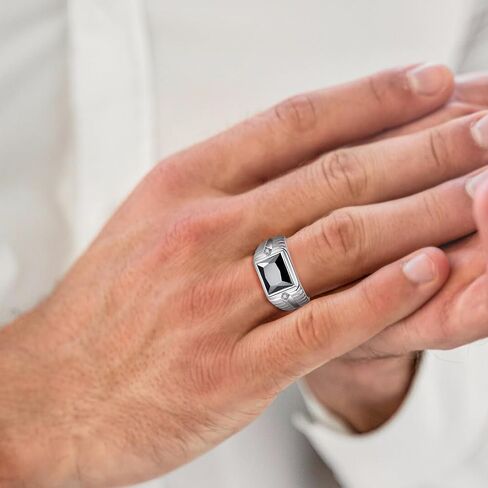 5.3ct Black Onyx Ring for Men - 8X10mm Rectangle Cut Obsidian With Paved White Cubic Zirconia - 925 Sterling Silver Wedding Engagement Band, 11mm Size 10 in Kuwait