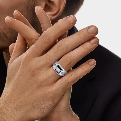 5.3ct Black Onyx Ring for Men - 8X10mm Rectangle Cut Obsidian With Paved White Cubic Zirconia - 925 Sterling Silver Wedding Engagement Band, 11mm Size 10 in Kuwait