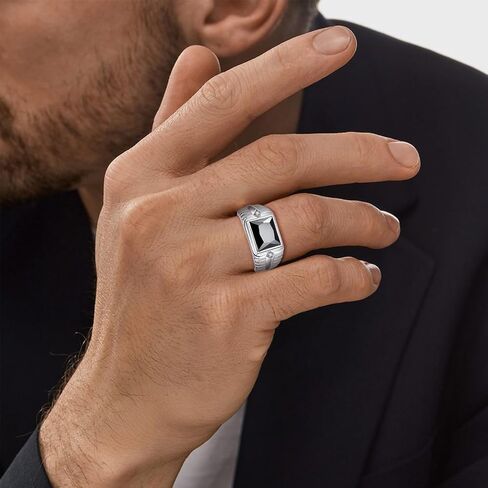 5.3ct Black Onyx Ring for Men - 8X10mm Rectangle Cut Obsidian With Paved White Cubic Zirconia - 925 Sterling Silver Wedding Engagement Band, 11mm Size 10 in Kuwait