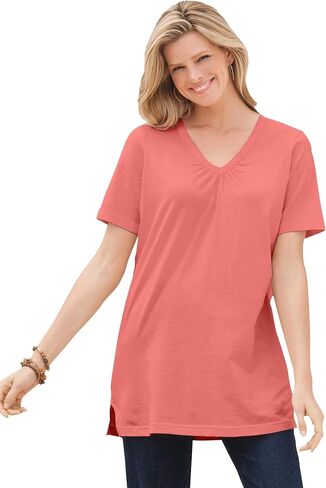 Woman Within Plus Size Perfect Short-Sleeve Shirred V-Neck Tunic in Saudi Arabia