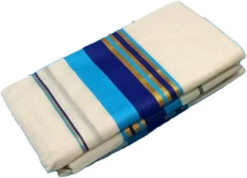Kerala Kasavu Set Mundu with Blouse | Traditional Kerala Ethnic Wear for Women | Off‑White Cotton Mundu with Mixed Blue Kara Border | Ideal for Onam Festival (2 * 2.80 MTR) in Saudi Arabia