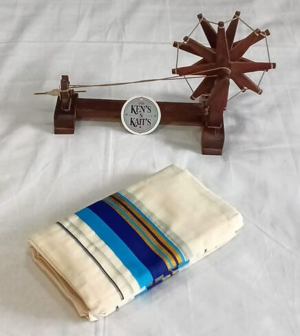 Kerala Kasavu Set Mundu with Blouse | Traditional Kerala Ethnic Wear for Women | Off‑White Cotton Mundu with Mixed Blue Kara Border | Ideal for Onam Festival (2 * 2.80 MTR) in Saudi Arabia