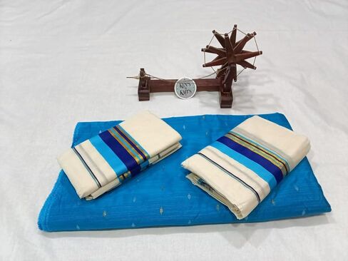 Kerala Kasavu Set Mundu with Blouse | Traditional Kerala Ethnic Wear for Women | Off‑White Cotton Mundu with Mixed Blue Kara Border | Ideal for Onam Festival (2 * 2.80 MTR) in Saudi Arabia