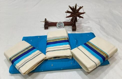 Kerala Kasavu Set Mundu with Blouse | Traditional Kerala Ethnic Wear for Women | Off‑White Cotton Mundu with Mixed Blue Kara Border | Ideal for Onam Festival (2 * 2.80 MTR) in Saudi Arabia