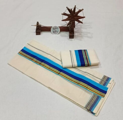 Kerala Kasavu Set Mundu with Blouse | Traditional Kerala Ethnic Wear for Women | Off‑White Cotton Mundu with Mixed Blue Kara Border | Ideal for Onam Festival (2 * 2.80 MTR) in Saudi Arabia