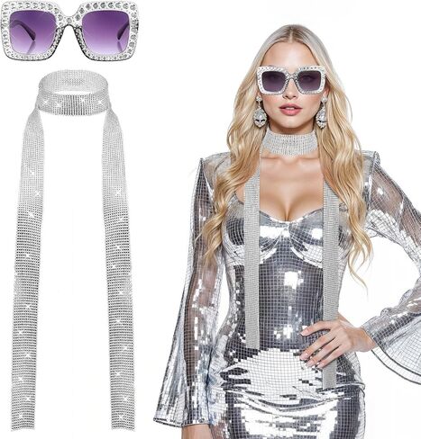 سبعينيات القرن الماضي إكسسوارات ديسكو للنساء متلألئة وشاح الرقبة والنظارات الشمسية ديسكو ملحقات 70s ملحقات للنساء in Saudi Arabia