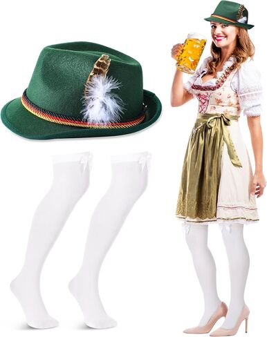 Hercicy 2 Pcs Oktoberfest Hat Socks Women Felt German Hat with Feather Bavarian Knee Lederhosen Compression Socks Cosplay in Saudi Arabia
