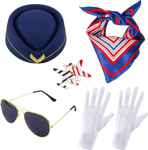 YouNuo 6Pcs Flight Attendant Costume Set - Women’s Flight Attendant Hat, Scarf, Gloves for Halloween Cosplay Party Dress Up in Saudi Arabia