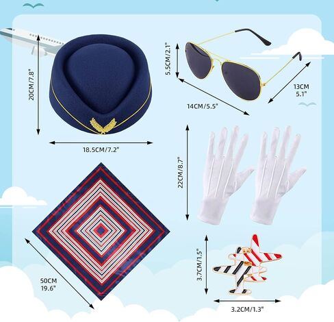 YouNuo 6Pcs Flight Attendant Costume Set - Women’s Flight Attendant Hat, Scarf, Gloves for Halloween Cosplay Party Dress Up in Saudi Arabia