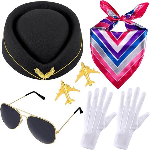 YouNuo 6Pcs Flight Attendant Costume Set - Women’s Flight Attendant Hat, Scarf, Gloves for Halloween Cosplay Party Dress Up in Saudi Arabia