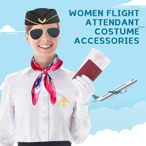 YouNuo 6Pcs Flight Attendant Costume Set - Women’s Flight Attendant Hat, Scarf, Gloves for Halloween Cosplay Party Dress Up in Saudi Arabia